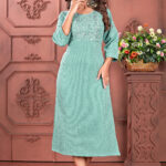 Women Embellished Cotton Blend A-line Kurta  (Light Blue)