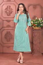 Women Embellished Cotton Blend A-line Kurta  (Light Blue)