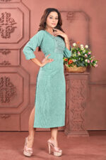 Women Embellished Cotton Blend A-line Kurta  (Light Blue) - Image 3