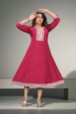 Rosewood Pink Cotton Embroidered Anarkali Kurti - Image 3