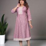 Flared Anarkali Kurti with White Thread Embroidery