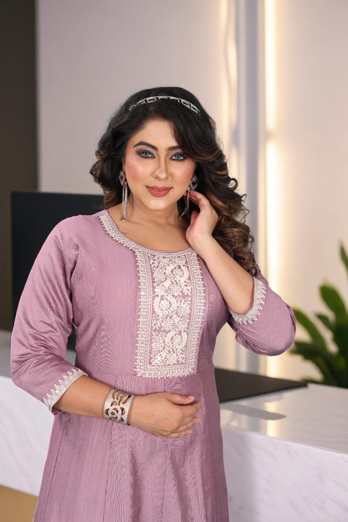 Flared Anarkali Kurti with White Thread Embroidery - Image 4