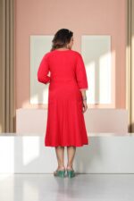 Scarlet Red Cotton Embroidered Anarkali Kurti - Image 4