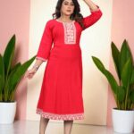 Scarlet Red Cotton Embroidered Anarkali Kurti
