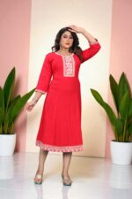 Scarlet Red Cotton Embroidered Anarkali Kurti