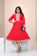 Scarlet Red Cotton Embroidered Anarkali Kurti - Image 3
