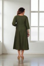 Olive Green Cotton Embroidered A-Line Kurti - Image 4