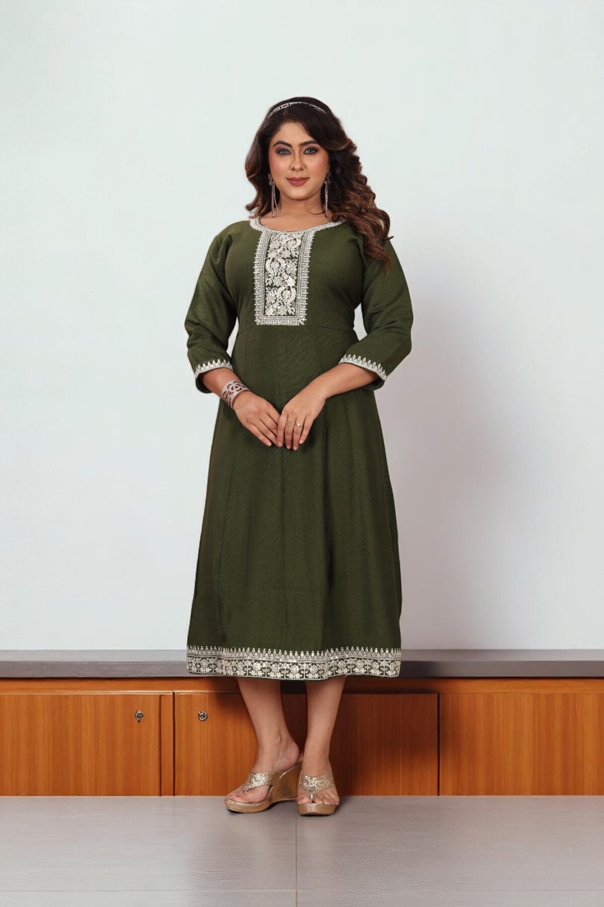 Olive Green Cotton Embroidered A-Line Kurti - Image 1