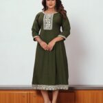 Olive Green Cotton Embroidered A-Line Kurti