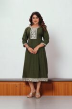 Olive Green Cotton Embroidered A-Line Kurti