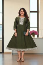 Olive Green Cotton Embroidered A-Line Kurti - Image 2