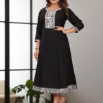 Black Cotton Embroidered Anarkali Kurti