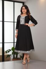 Black Cotton Embroidered Anarkali Kurti