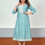 Sky Blue Cotton Embroidered Anarkali Kurti
