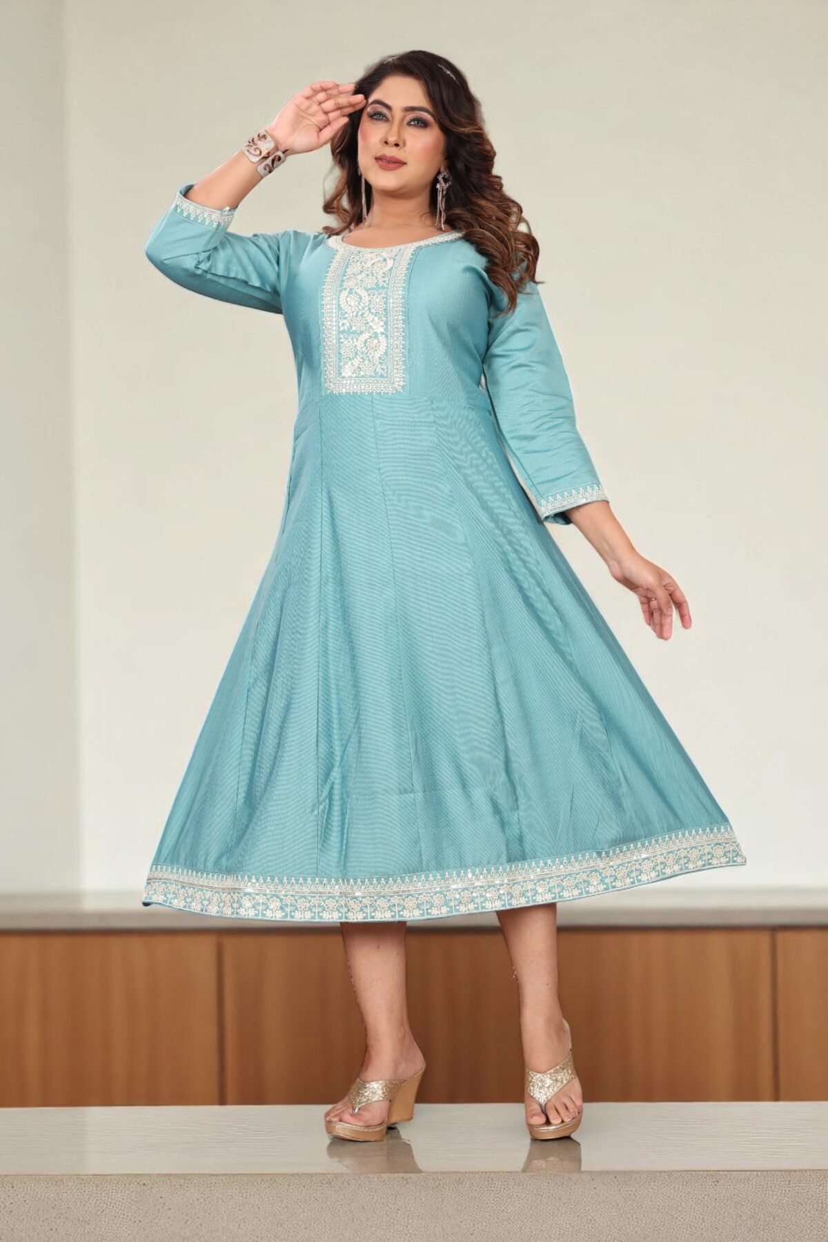 Sky Blue Cotton Embroidered Anarkali Kurti - Image 2