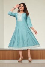 Sky Blue Cotton Embroidered Anarkali Kurti - Image 2