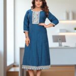 Teal Blue Cotton Embroidered Anarkali Kurti