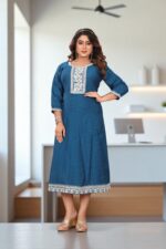 Teal Blue Cotton Embroidered Anarkali Kurti