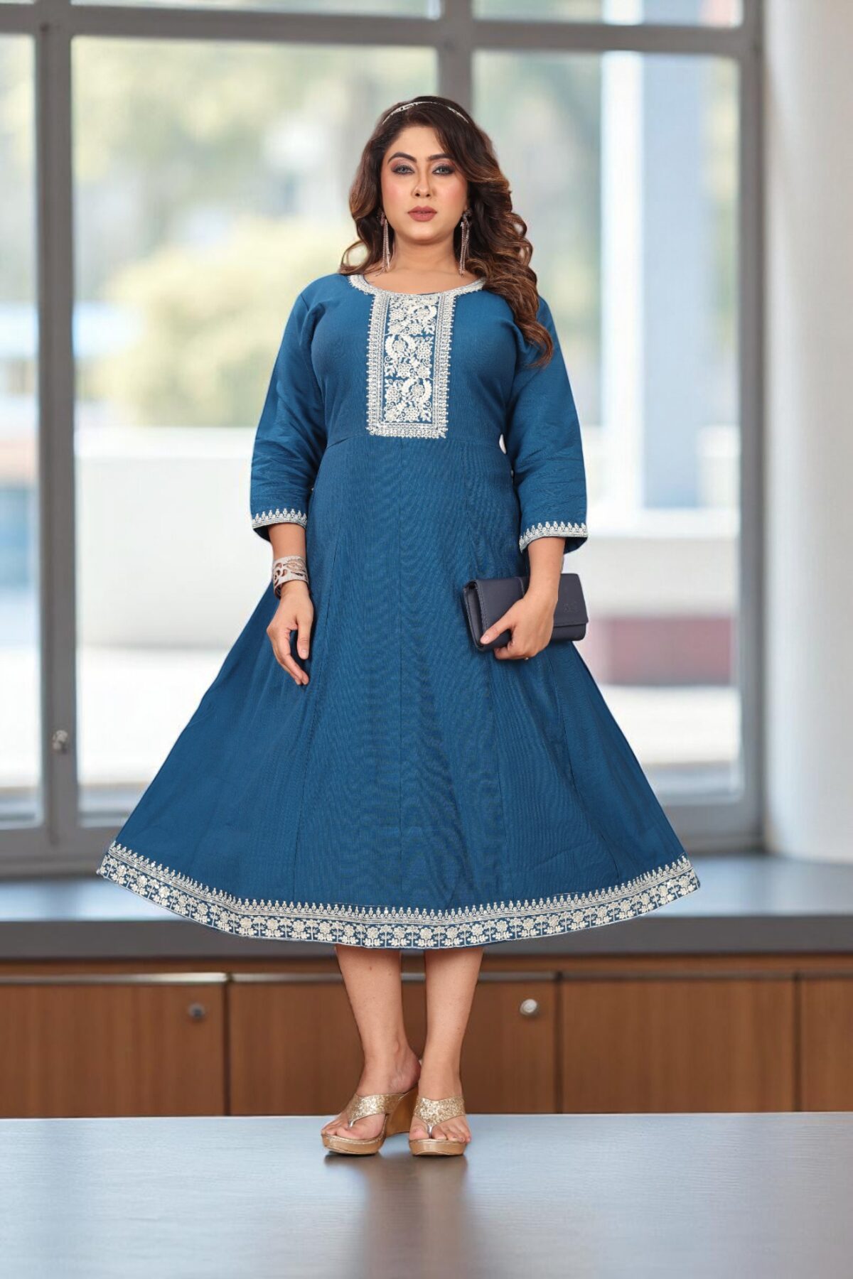 Teal Blue Cotton Embroidered Anarkali Kurti - Image 2