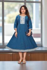 Teal Blue Cotton Embroidered Anarkali Kurti - Image 2