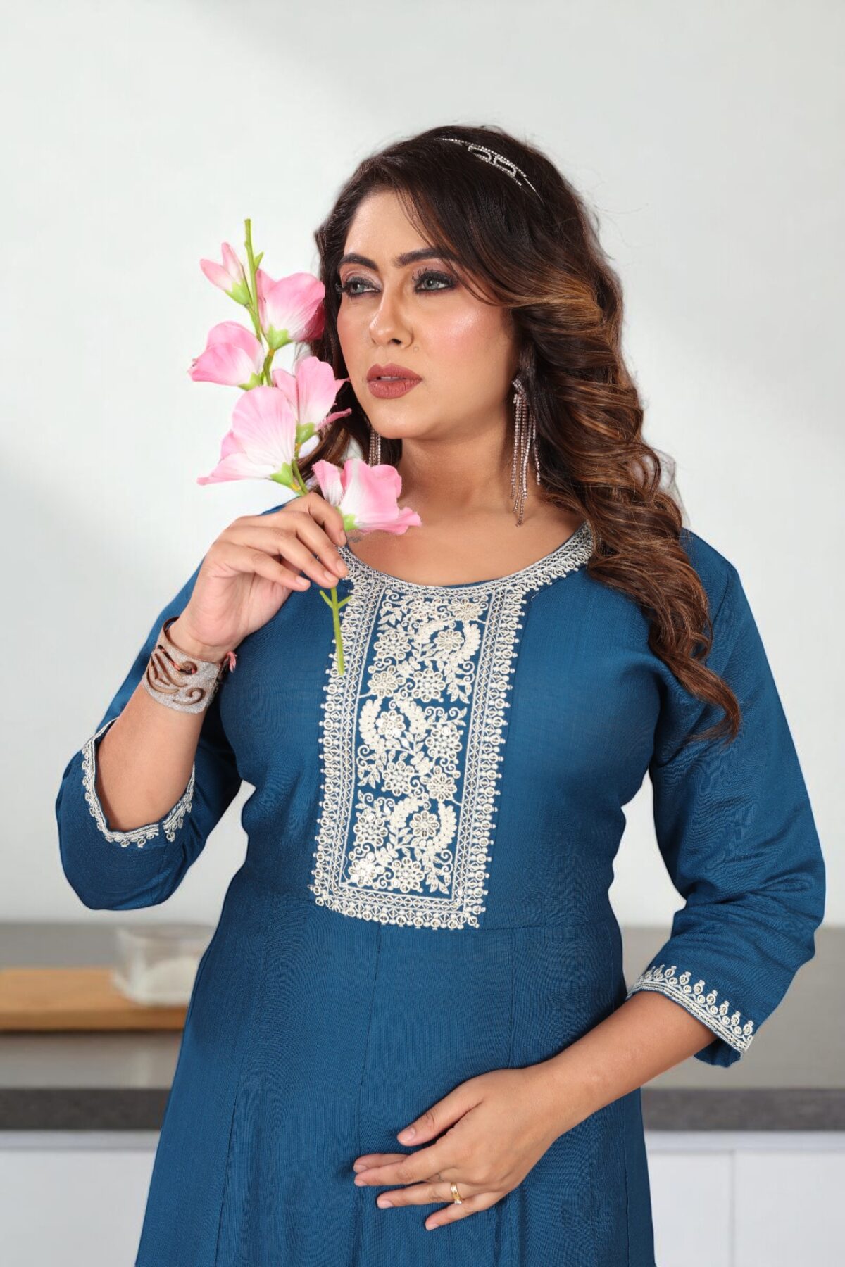 Teal Blue Cotton Embroidered Anarkali Kurti - Image 5