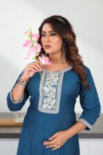 Teal Blue Cotton Embroidered Anarkali Kurti - Image 5