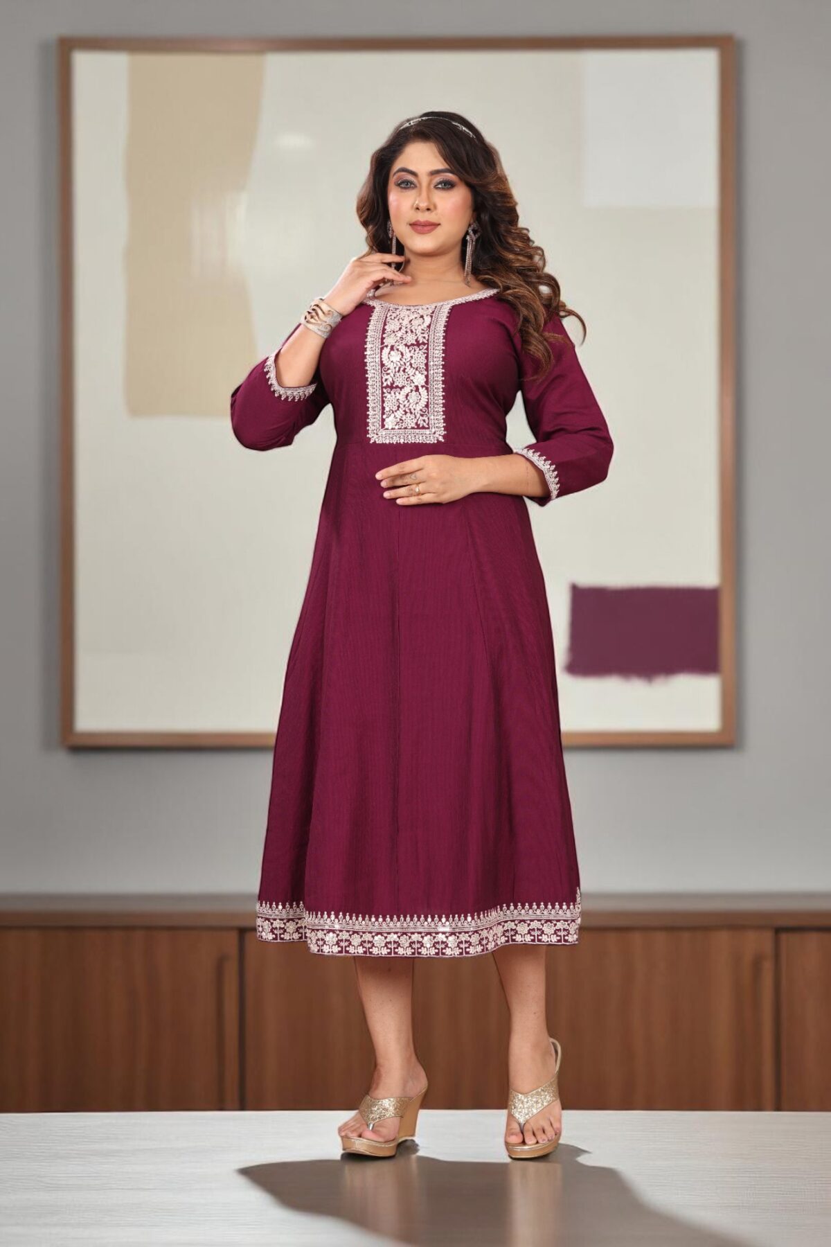Wine Cotton Embroidered Anarkali Kurti - Image 1