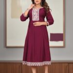 Wine Cotton Embroidered Anarkali Kurti