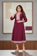 Wine Cotton Embroidered Anarkali Kurti