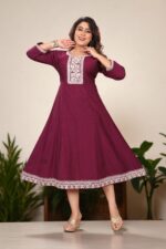 Wine Cotton Embroidered Anarkali Kurti - Image 4