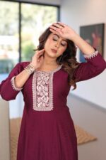 Wine Cotton Embroidered Anarkali Kurti - Image 3