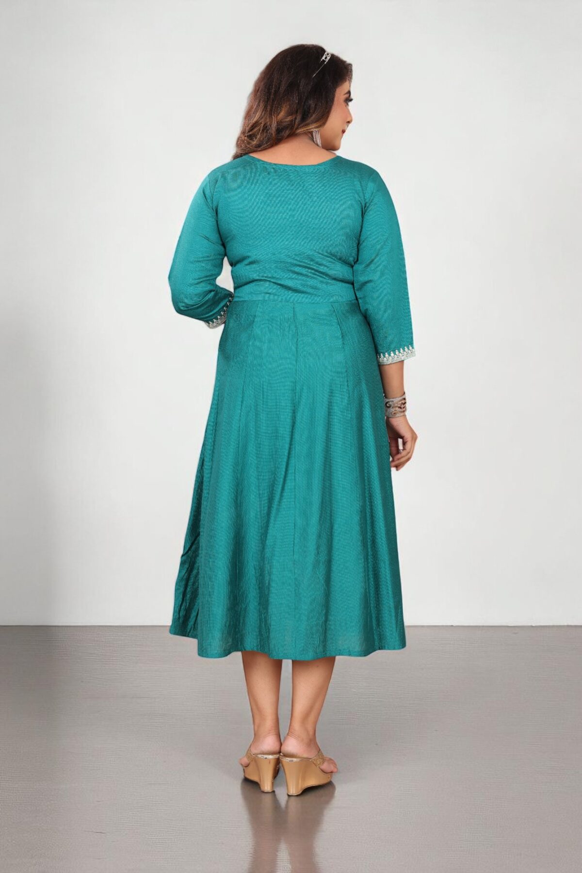 Teal Green Cotton Embroidered Anarkali Kurti - Image 2