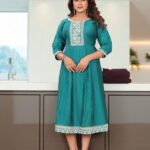 Teal Green Cotton Embroidered Anarkali Kurti