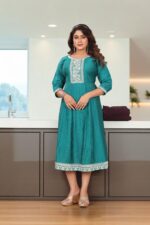 Teal Green Cotton Embroidered Anarkali Kurti