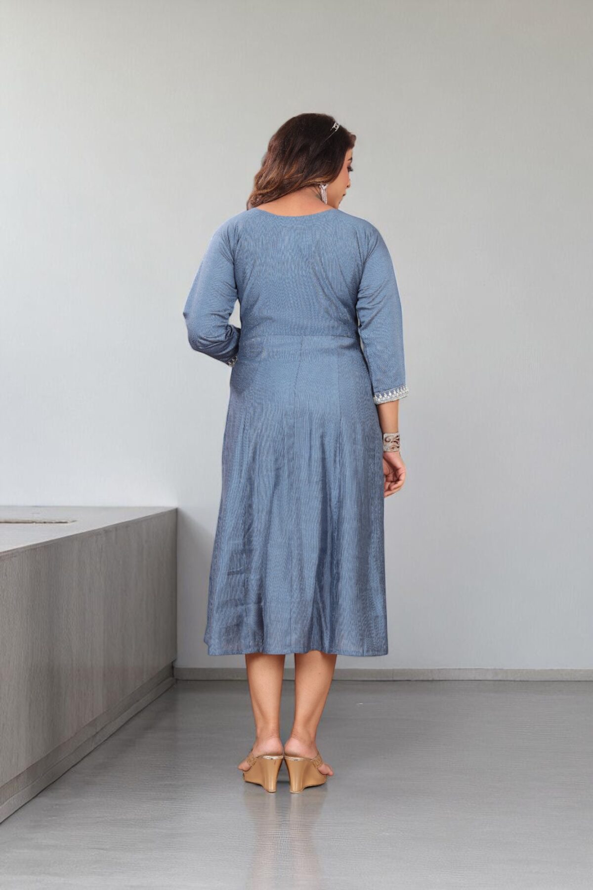 Steel Blue Cotton Embroidered Anarkali Kurti - Image 5