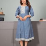 Steel Blue Cotton Embroidered Anarkali Kurti