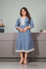 Steel Blue Cotton Embroidered Anarkali Kurti