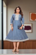 Steel Blue Cotton Embroidered Anarkali Kurti - Image 2