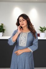 Steel Blue Cotton Embroidered Anarkali Kurti - Image 3