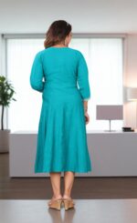 Turquoise Blue Cotton Embroidered Anarkali Kurti - Image 6