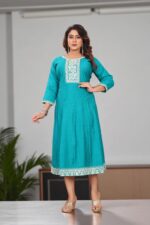 Turquoise Blue Cotton Embroidered Anarkali Kurti