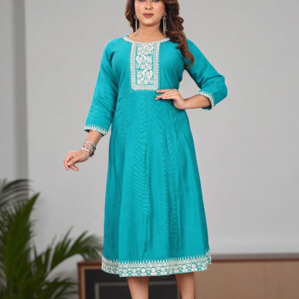 Turquoise Blue Cotton Embroidered Anarkali Kurti