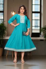 Turquoise Blue Cotton Embroidered Anarkali Kurti - Image 2