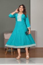Turquoise Blue Cotton Embroidered Anarkali Kurti - Image 3