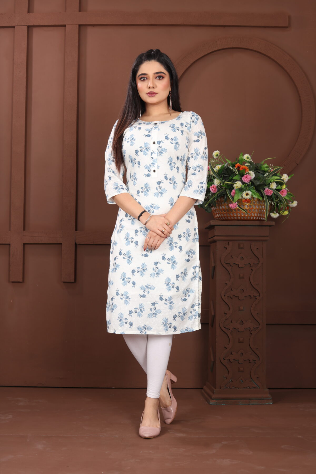 Elegant White & Blue Floral Cotton Kurti - Image 2