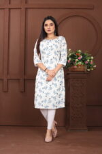 Elegant White & Blue Floral Cotton Kurti - Image 2