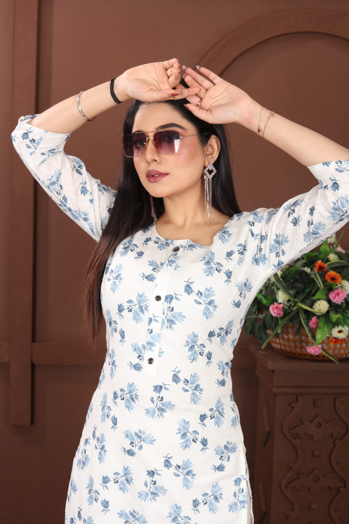 Elegant White & Blue Floral Cotton Kurti - Image 1