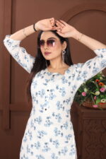 Elegant White & Blue Floral Cotton Kurti