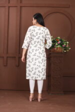 Graceful White & Black Floral Printed Cotton Kurti - Image 3