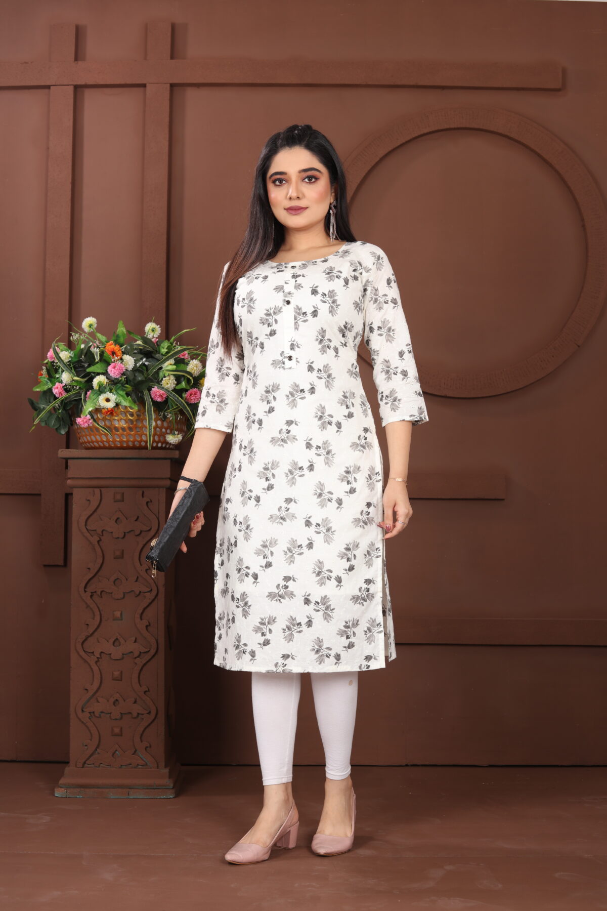Graceful White & Black Floral Printed Cotton Kurti - Image 2